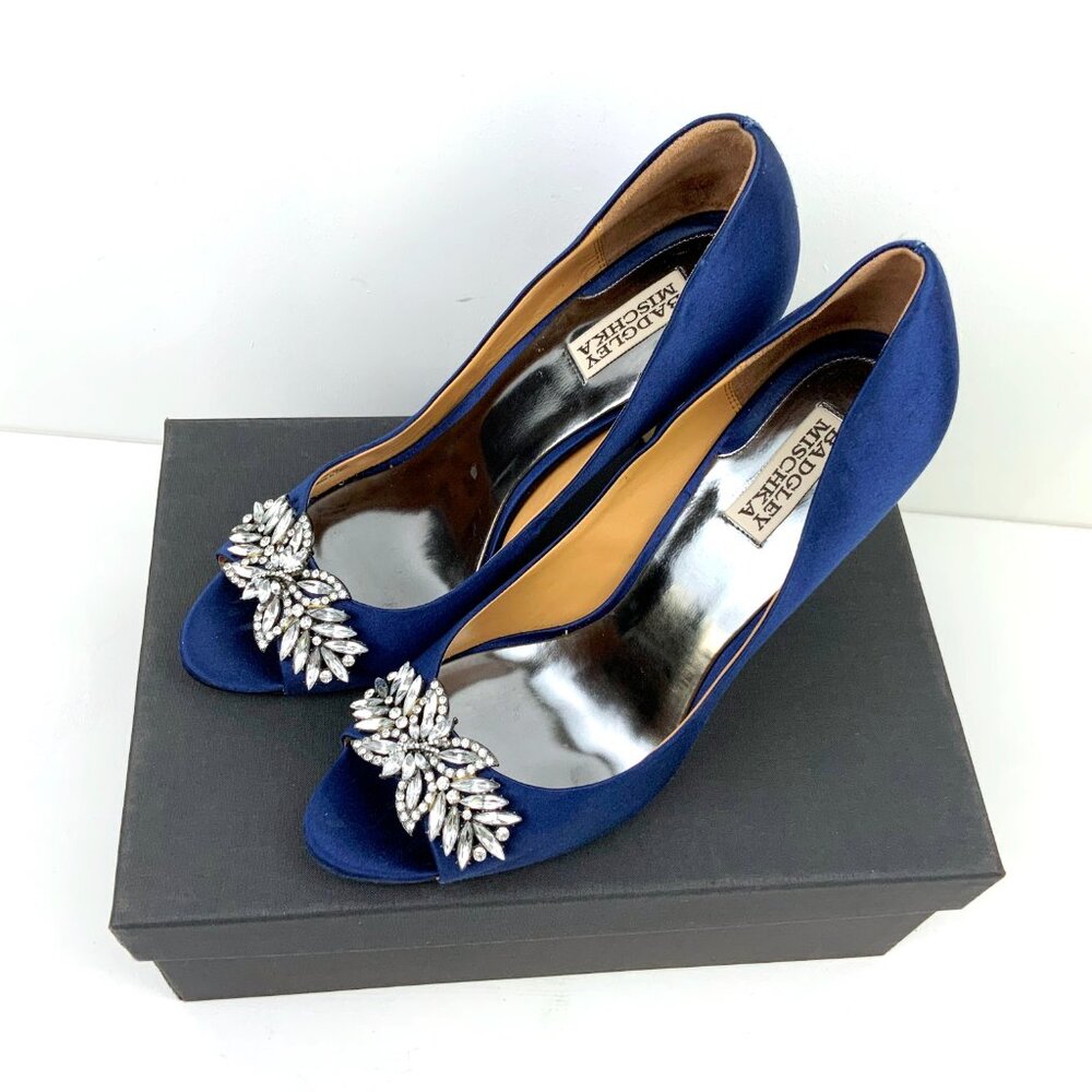 Badgley Mischka Blue Satin & Rhinestone Peep-Toe Formal Lux Pump Sz 10M - Picture 9 of 16